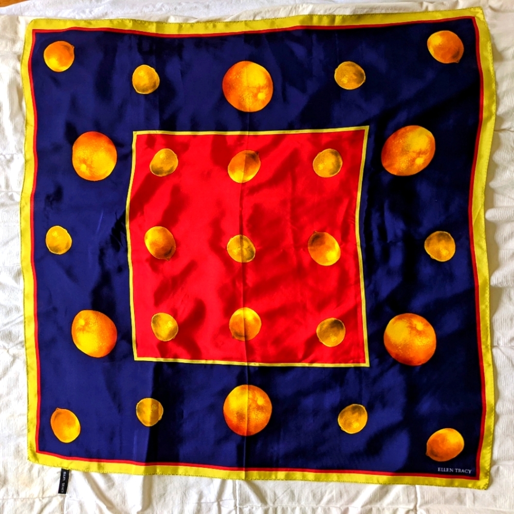 Ellen Tracey square silk scarf w/ lemon print in excellent condition.